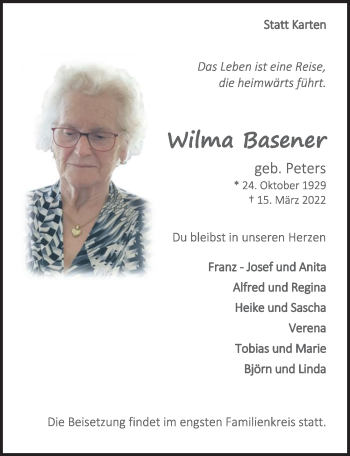 Anzeige von Wilma Basener von  Bergisches Handelsblatt 