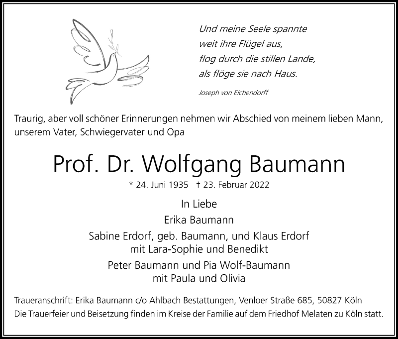  Traueranzeige für Wolfgang Baumann vom 12.03.2022 aus Kölner Stadt-Anzeiger / Kölnische Rundschau / Express