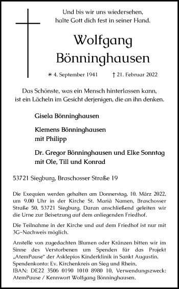 Anzeige von Wolfgang Bönninghausen von Kölner Stadt-Anzeiger / Kölnische Rundschau / Express