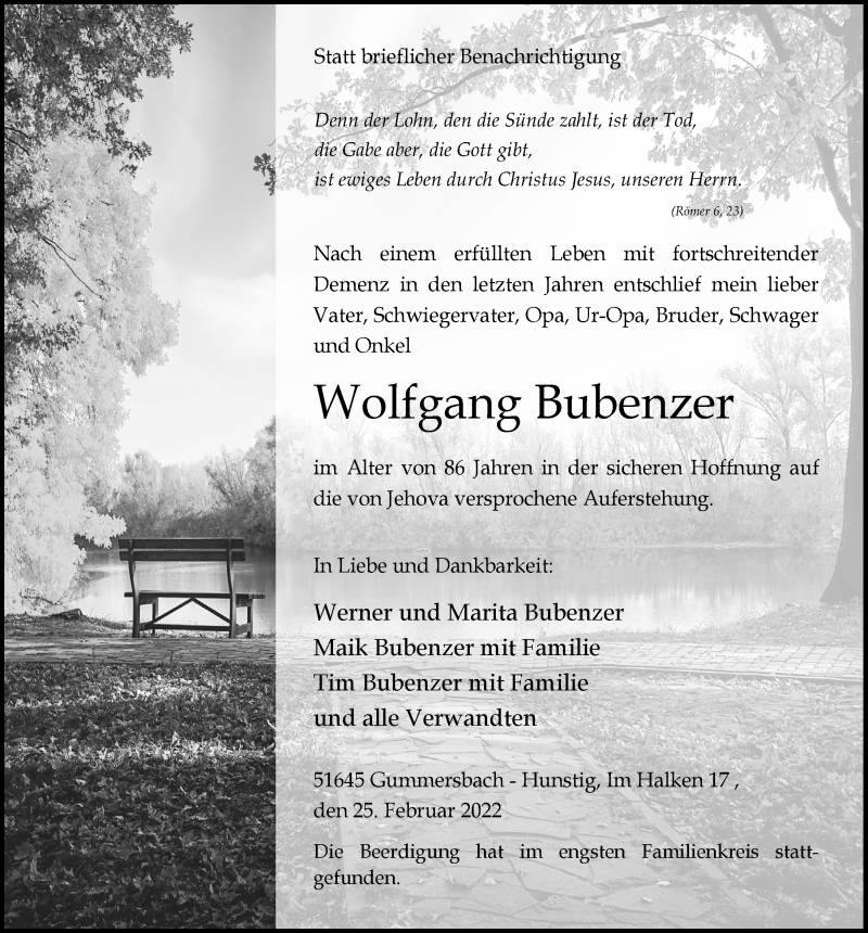  Traueranzeige für Wolfgang Bubenzer vom 18.03.2022 aus  Anzeigen Echo 