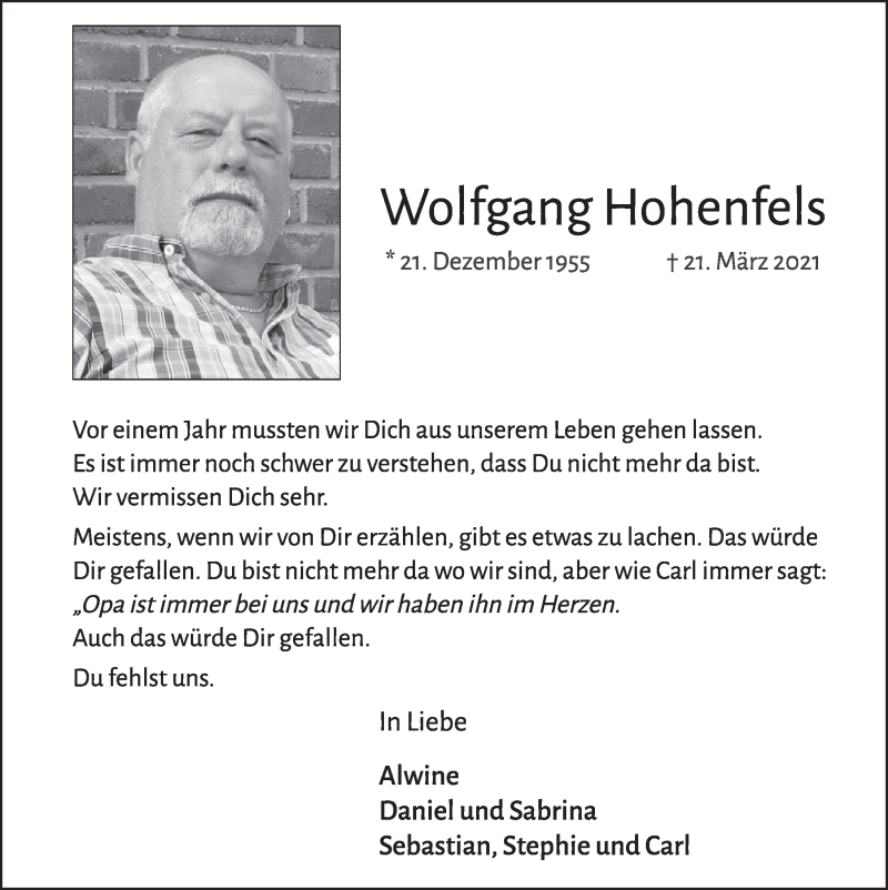  Traueranzeige für Wolfgang Hohenfels vom 18.03.2022 aus  Werbepost 