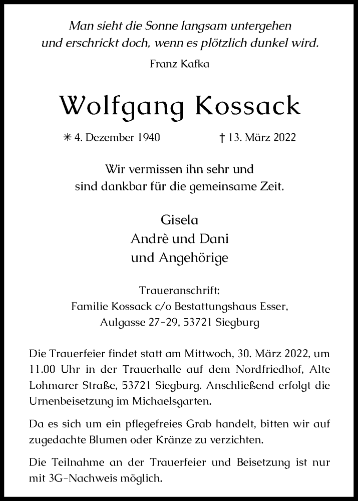  Traueranzeige für Wolfgang Kossack vom 26.03.2022 aus Kölner Stadt-Anzeiger / Kölnische Rundschau / Express