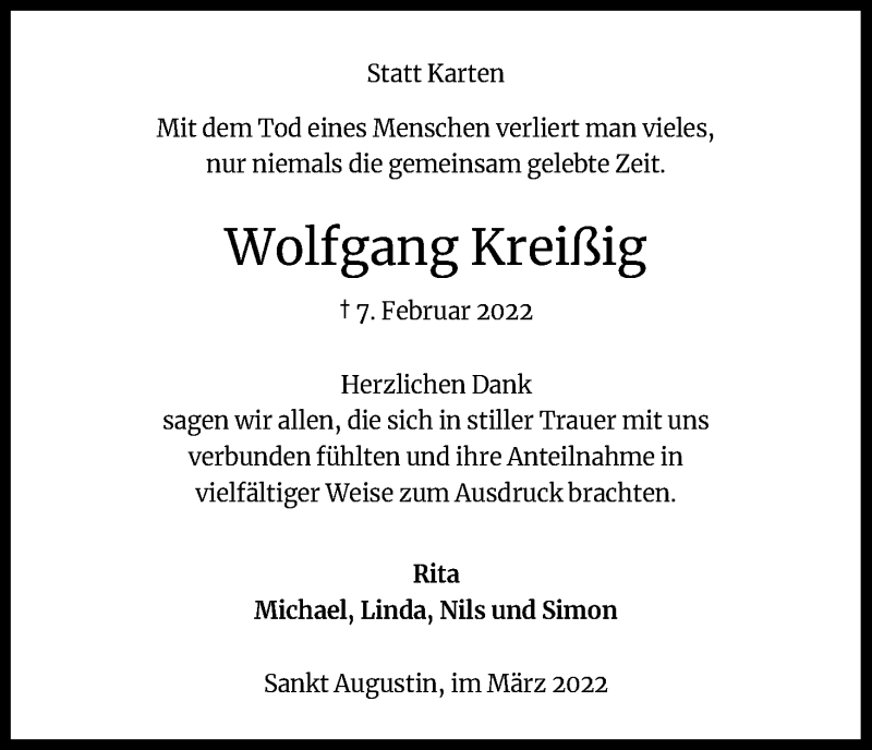  Traueranzeige für Wolfgang Kreißig vom 19.03.2022 aus Kölner Stadt-Anzeiger / Kölnische Rundschau / Express