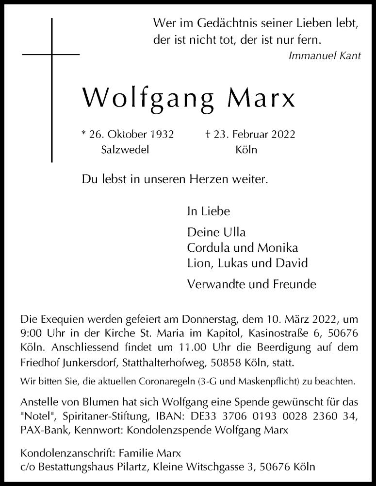  Traueranzeige für Wolfgang Marx vom 05.03.2022 aus Kölner Stadt-Anzeiger / Kölnische Rundschau / Express