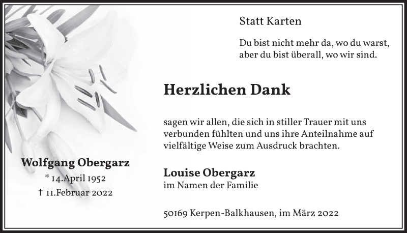  Traueranzeige für Wolfgang Obergarz vom 25.03.2022 aus  Werbepost 