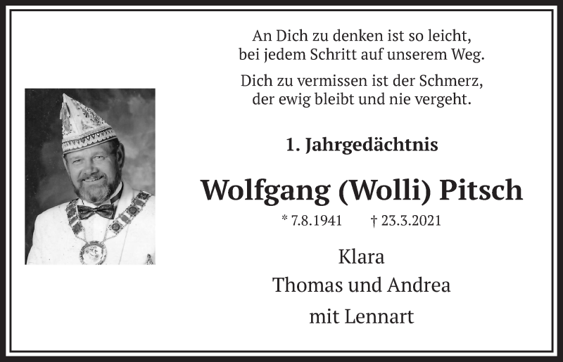  Traueranzeige für Wolfgang  Pitsch vom 18.03.2022 aus  Schlossbote/Werbekurier 