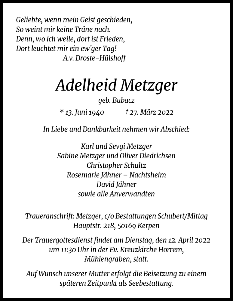  Traueranzeige für Adelheid Metzger vom 09.04.2022 aus Kölner Stadt-Anzeiger / Kölnische Rundschau / Express