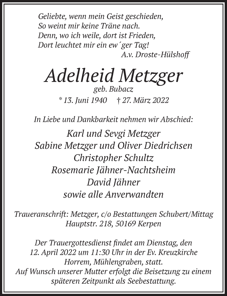  Traueranzeige für Adelheid Metzger vom 08.04.2022 aus  Werbepost 