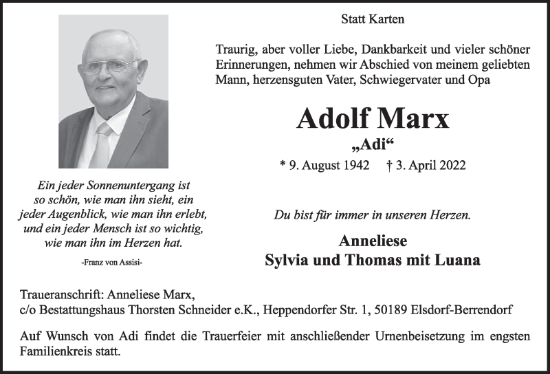  Traueranzeige für Adolf Marx vom 14.04.2022 aus  Werbepost 