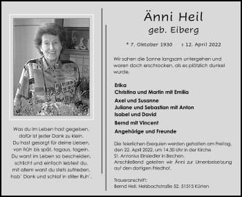 Anzeige von Änni Heil von Kölner Stadt-Anzeiger / Kölnische Rundschau / Express
