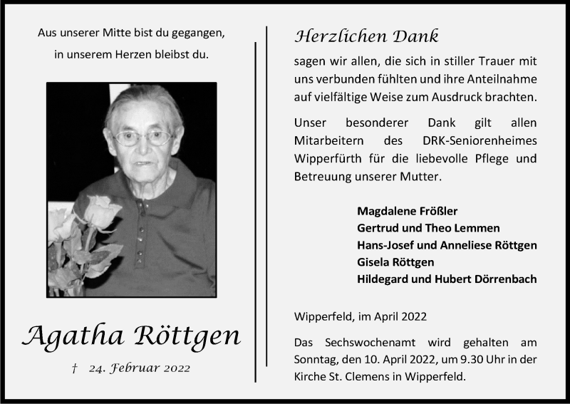  Traueranzeige für Agatha Röttgen vom 02.04.2022 aus Kölner Stadt-Anzeiger / Kölnische Rundschau / Express