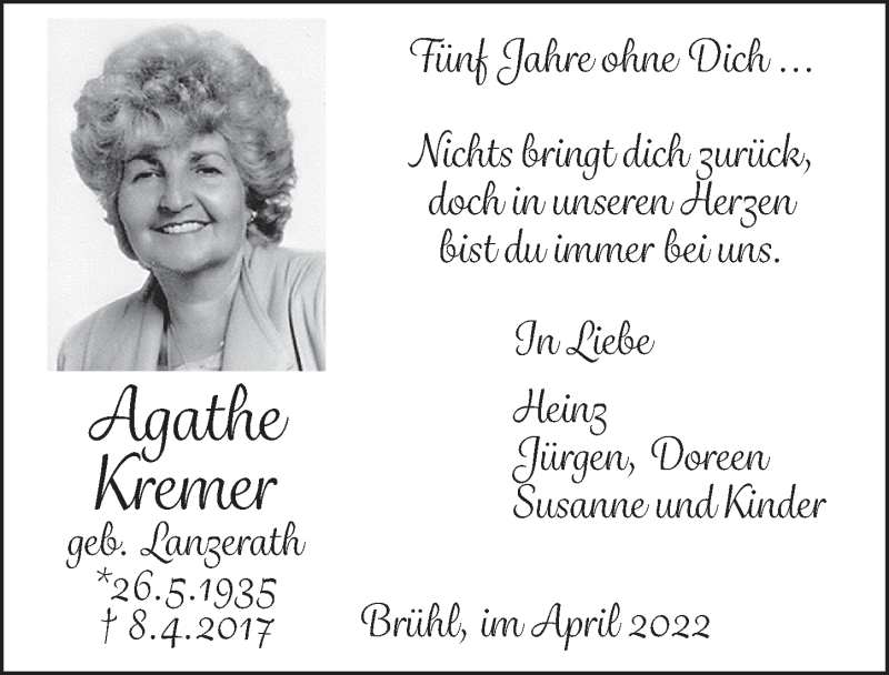  Traueranzeige für Agathe Kremer vom 08.04.2022 aus  Schlossbote/Werbekurier 