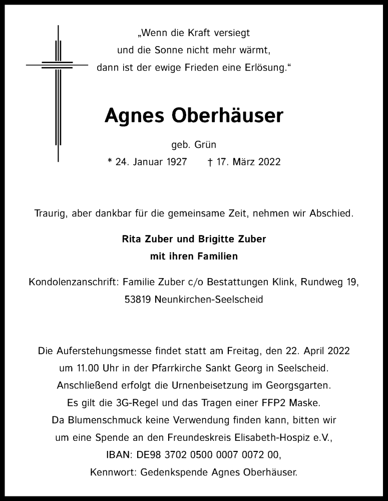  Traueranzeige für Agnes Oberhäuser vom 02.04.2022 aus Kölner Stadt-Anzeiger / Kölnische Rundschau / Express