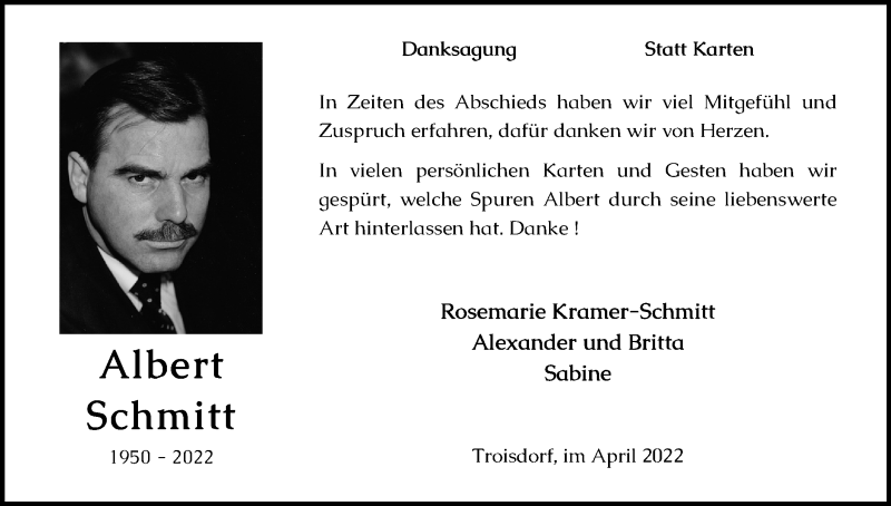  Traueranzeige für Albert Schmitt vom 02.04.2022 aus Kölner Stadt-Anzeiger / Kölnische Rundschau / Express