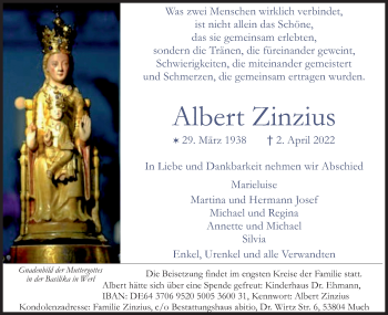 Anzeige von Albert Zinzius von Kölner Stadt-Anzeiger / Kölnische Rundschau / Express