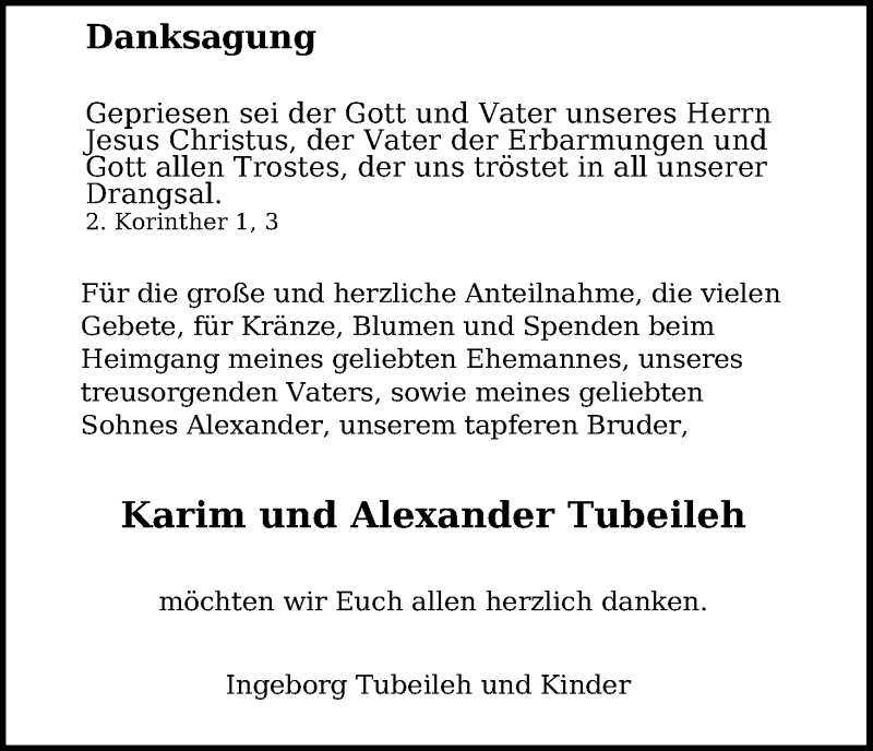  Traueranzeige für Alexander Tubeileh vom 02.04.2022 aus Kölner Stadt-Anzeiger / Kölnische Rundschau / Express