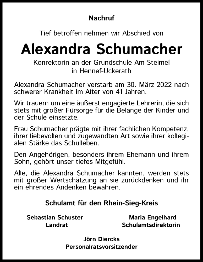  Traueranzeige für Alexandra Schumacher vom 09.04.2022 aus Kölner Stadt-Anzeiger / Kölnische Rundschau / Express