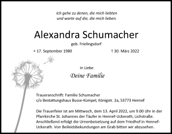 Anzeige von Alexandra Schumacher von Kölner Stadt-Anzeiger / Kölnische Rundschau / Express