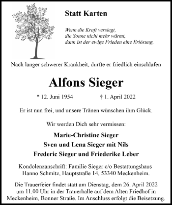 Anzeige von Alfons Sieger von  Schaufenster/Blickpunkt 