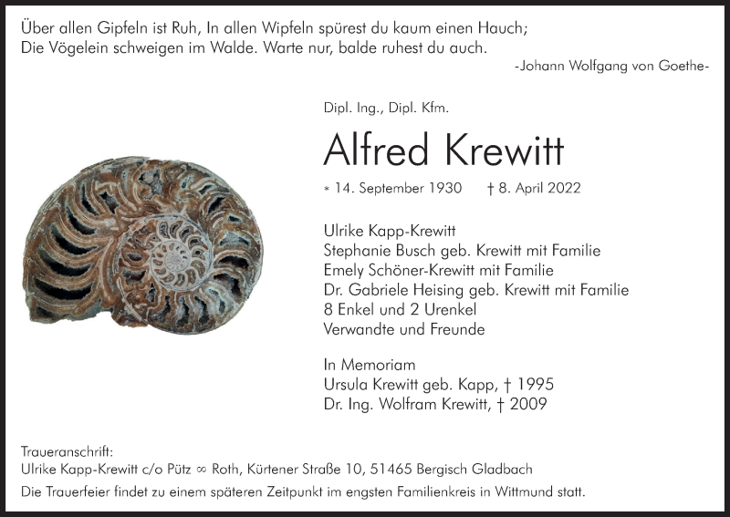  Traueranzeige für Alfred Krewitt vom 16.04.2022 aus Kölner Stadt-Anzeiger / Kölnische Rundschau / Express