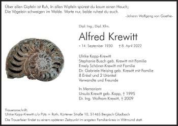 Anzeige von Alfred Krewitt von Kölner Stadt-Anzeiger / Kölnische Rundschau / Express