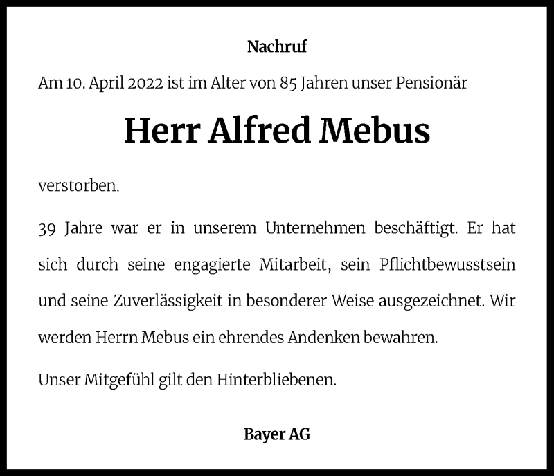  Traueranzeige für Alfred Mebus vom 23.04.2022 aus Kölner Stadt-Anzeiger / Kölnische Rundschau / Express