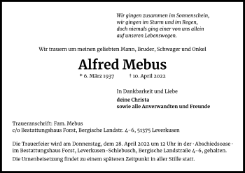 Anzeige von Alfred Mebus von Kölner Stadt-Anzeiger / Kölnische Rundschau / Express