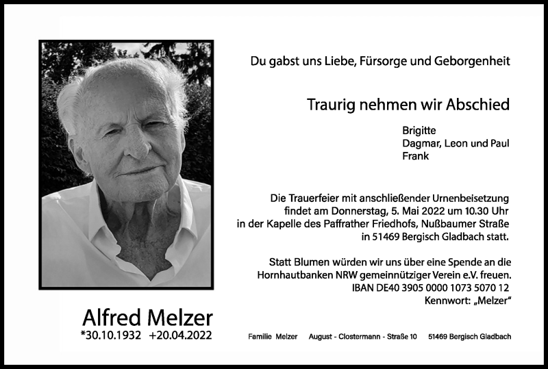  Traueranzeige für Alfred Melzer vom 30.04.2022 aus Kölner Stadt-Anzeiger / Kölnische Rundschau / Express