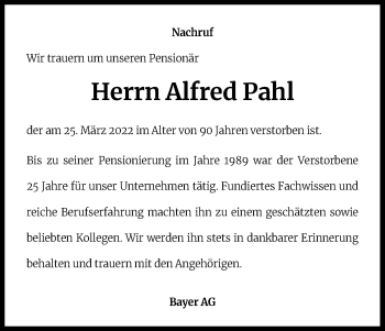 Anzeige von Alfred Pahl von Kölner Stadt-Anzeiger / Kölnische Rundschau / Express
