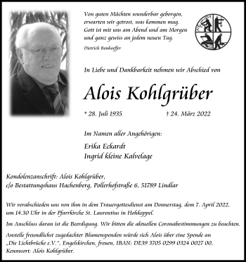 Anzeige von Alois Kohlgrüber von Kölner Stadt-Anzeiger / Kölnische Rundschau / Express