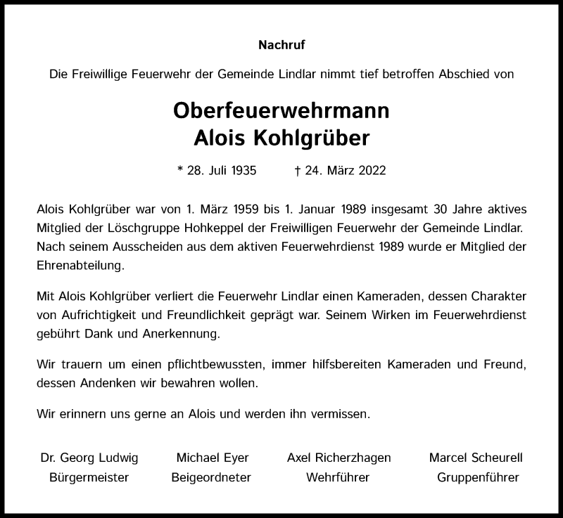  Traueranzeige für Alois Kohlgrüber vom 08.04.2022 aus Kölner Stadt-Anzeiger / Kölnische Rundschau / Express