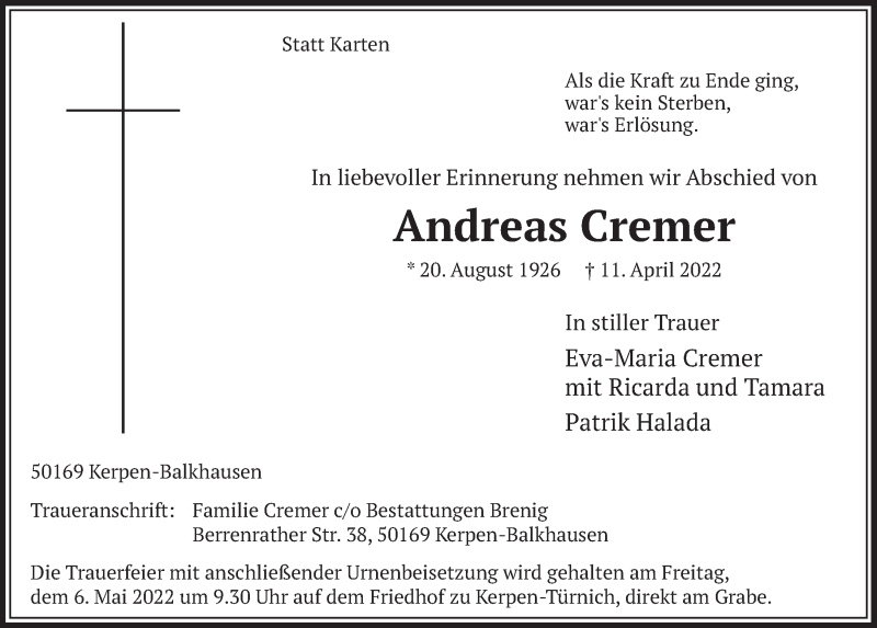  Traueranzeige für Andreas Cremer vom 29.04.2022 aus  Werbepost 