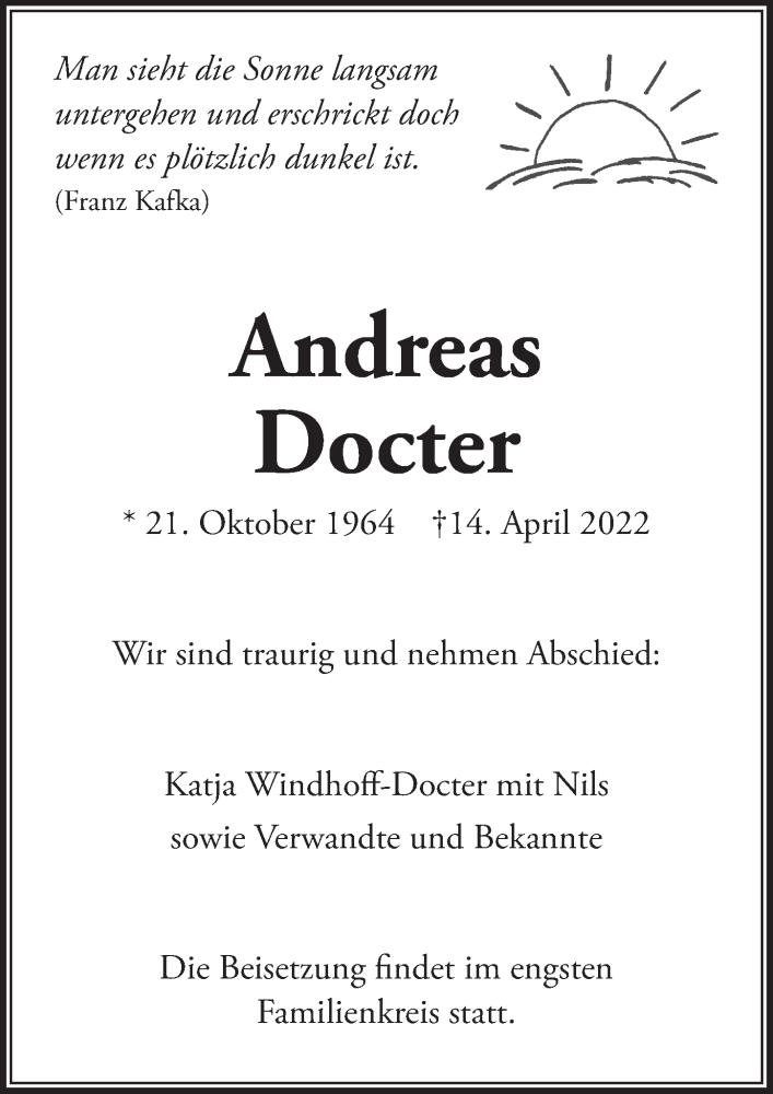 Traueranzeige für Andreas Docter vom 22.04.2022 aus  Anzeigen Echo 