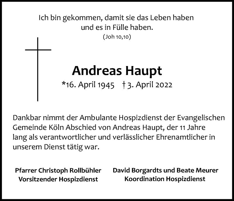  Traueranzeige für Andreas Haupt vom 16.04.2022 aus Kölner Stadt-Anzeiger / Kölnische Rundschau / Express