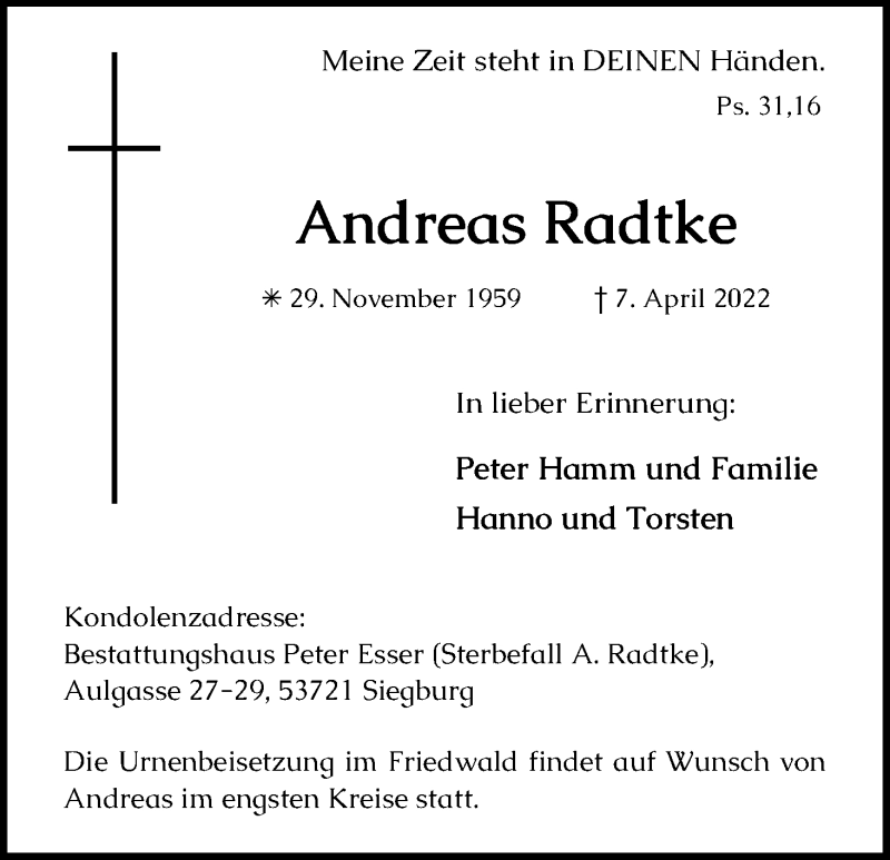  Traueranzeige für Andreas Radtke vom 23.04.2022 aus Kölner Stadt-Anzeiger / Kölnische Rundschau / Express