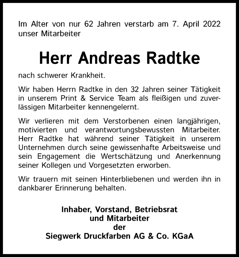  Traueranzeige für Andreas Radtke vom 23.04.2022 aus Kölner Stadt-Anzeiger / Kölnische Rundschau / Express