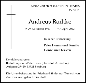 Anzeige von Andreas Radtke von Kölner Stadt-Anzeiger / Kölnische Rundschau / Express