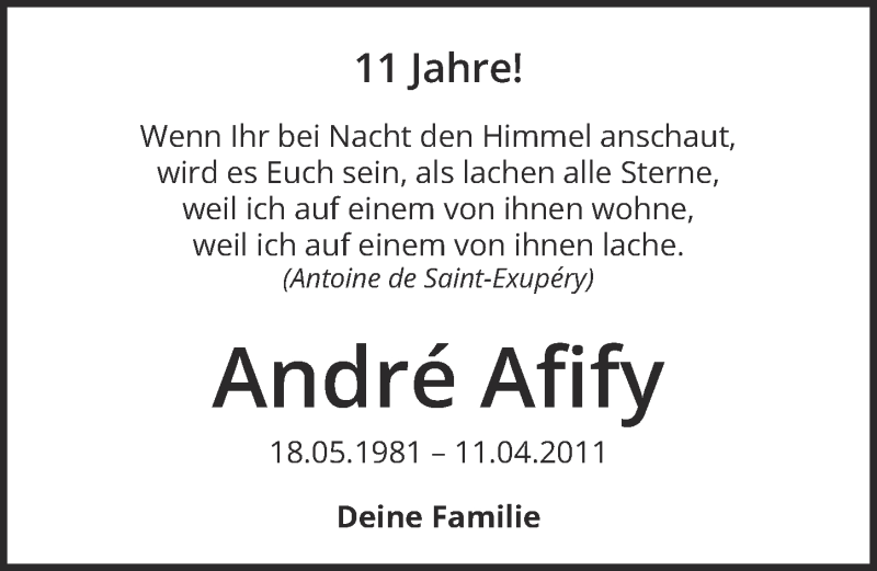  Traueranzeige für André Afify vom 08.04.2022 aus  EXPRESS - Die Woche 