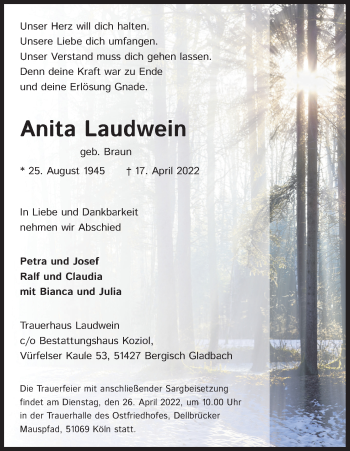 Anzeige von Anita Laudwein von Kölner Stadt-Anzeiger / Kölnische Rundschau / Express