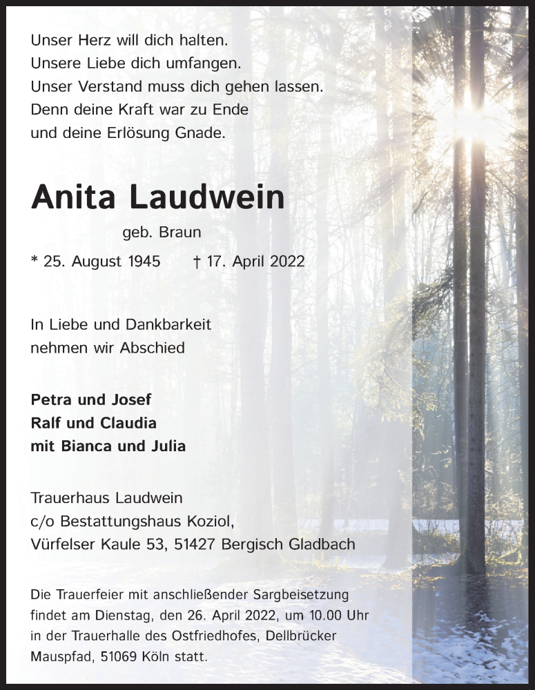  Traueranzeige für Anita Laudwein vom 23.04.2022 aus Kölner Stadt-Anzeiger / Kölnische Rundschau / Express