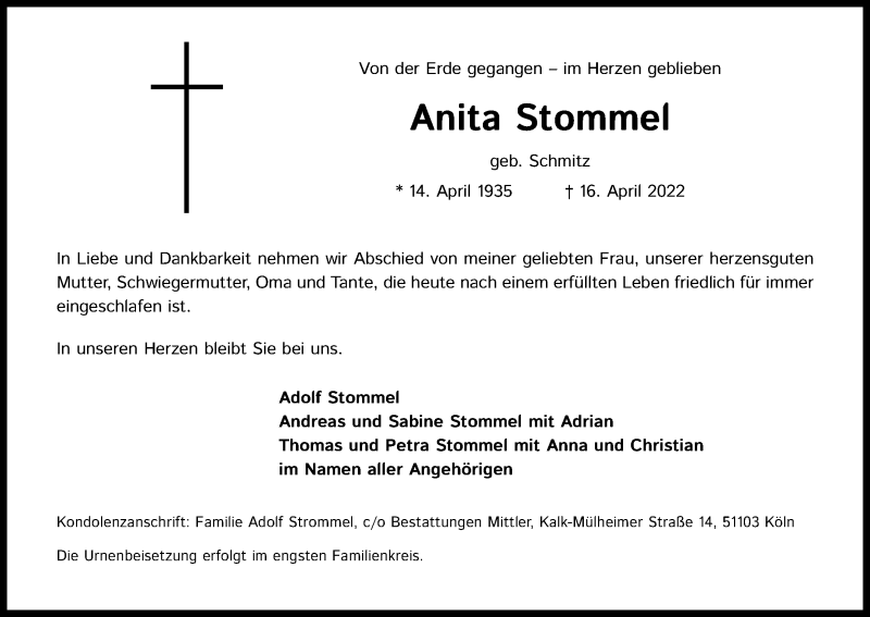  Traueranzeige für Anita Stommel vom 23.04.2022 aus Kölner Stadt-Anzeiger / Kölnische Rundschau / Express