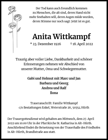 Anzeige von Anita Wittkampf von Kölner Stadt-Anzeiger / Kölnische Rundschau / Express