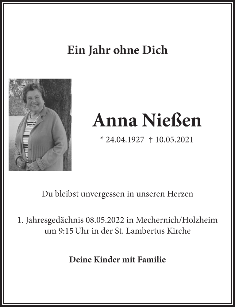  Traueranzeige für Anna Nießen vom 30.04.2022 aus  Blickpunkt Euskirchen 