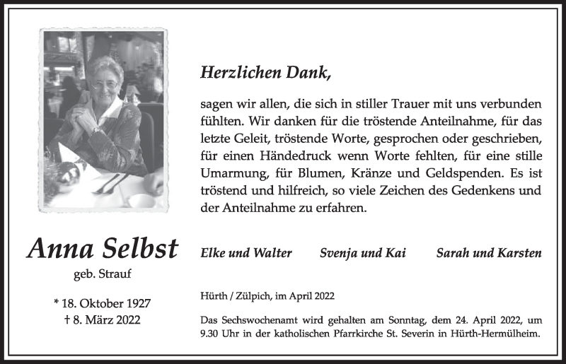  Traueranzeige für Anna Selbst vom 15.04.2022 aus  Wochenende 