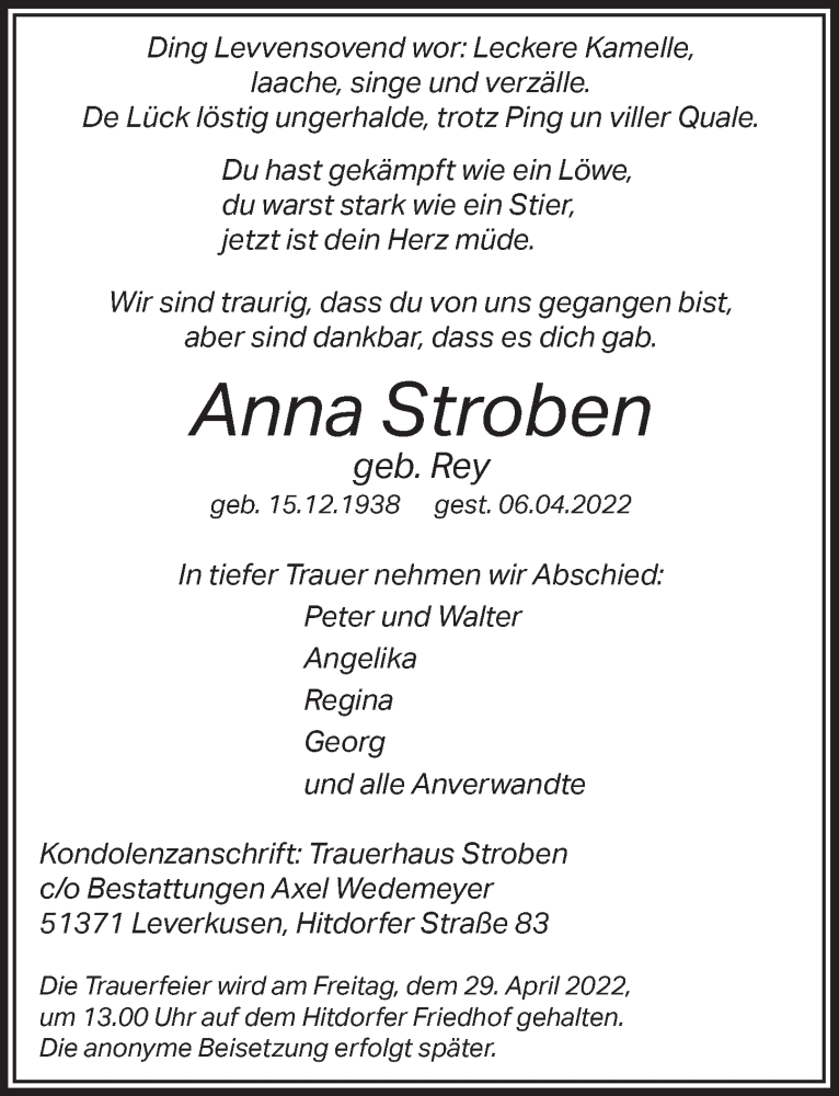  Traueranzeige für Anna Stroben vom 14.04.2022 aus  Lokale Informationen 