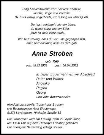 Anzeige von Anna Stroben von Kölner Stadt-Anzeiger / Kölnische Rundschau / Express