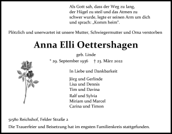 Anzeige von Anna Elli Oettershagen von Kölner Stadt-Anzeiger / Kölnische Rundschau / Express