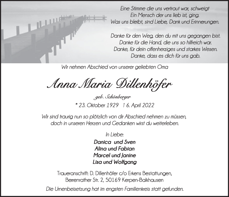  Traueranzeige für Anna Maria Dillenhöfer vom 14.04.2022 aus  Werbepost 