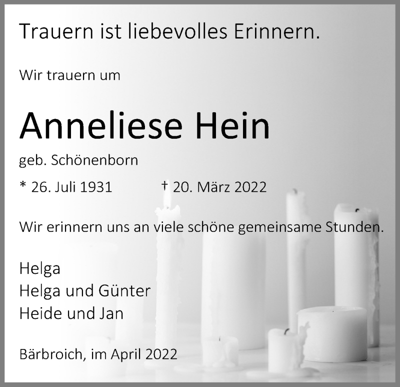  Traueranzeige für Anneliese Hein vom 02.04.2022 aus Kölner Stadt-Anzeiger / Kölnische Rundschau / Express