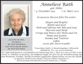 Anzeige von Anneliese Rath von Kölner Stadt-Anzeiger / Kölnische Rundschau / Express